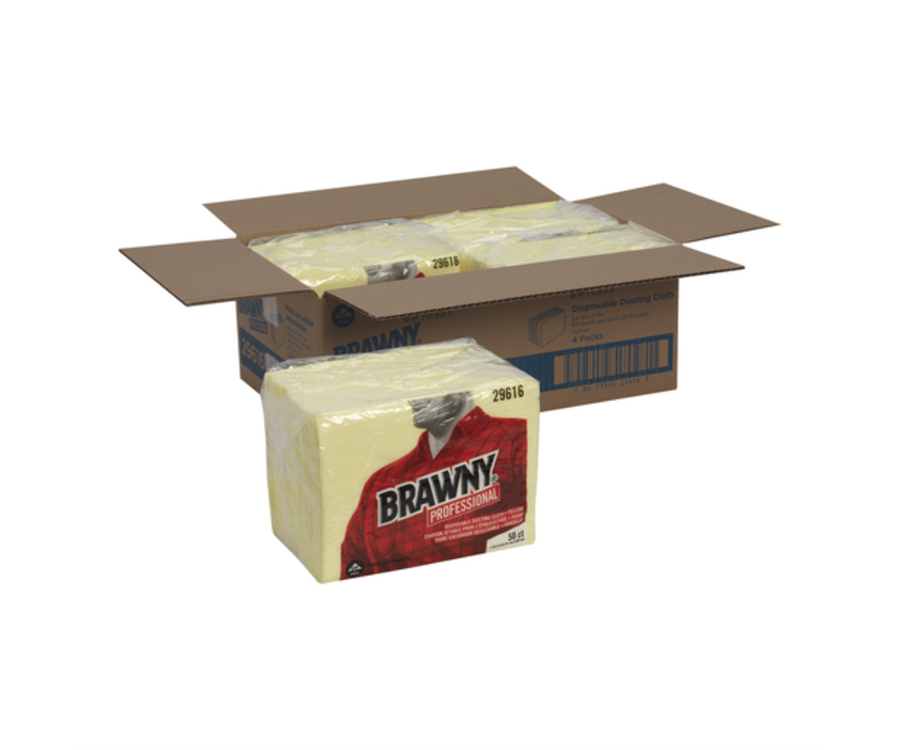 An open cardboard box containing multiple packs of yellow disposable cloths, with one pack placed outside the box. Brawny® Professional Yellow Disposable Dusting Cloths (17 in. x 24 in., 200/Case)